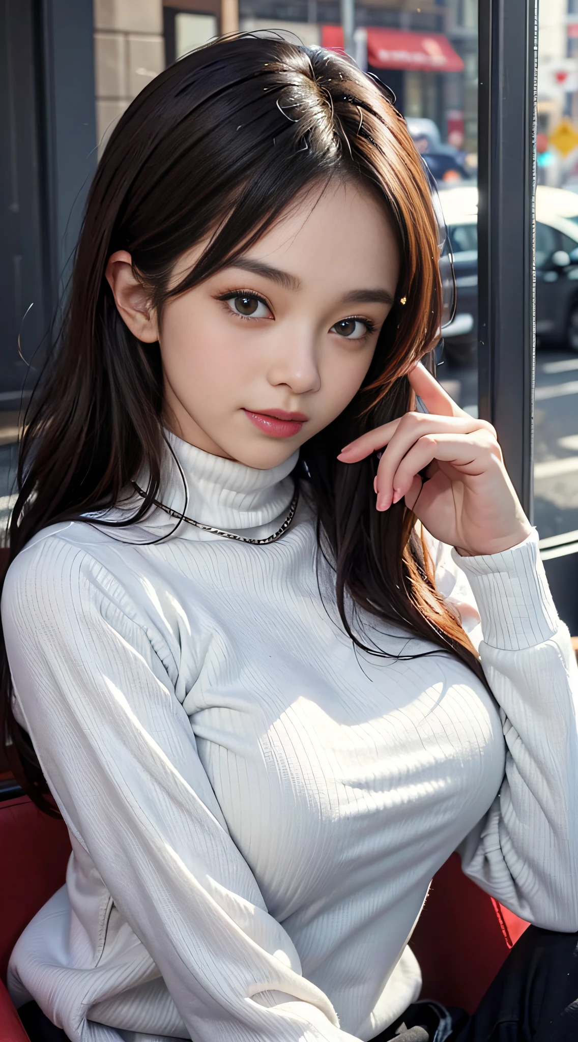 ((Woman sitting in front of café))、28 year old、((in white turtleneck shirt:1.3)). 40k, Photography, masutepiece, Best Quality, dark grey background, ((Mature Women, waifu, Mami, A MILF)), ((voluptuous breasts)), Perfect face, perfect breasts - huge)), ((Gorgeous bright black hair girl with brown eyes)). a Pretty Japanese woman，completely soft chest and white skin,,,,,,, ((Very soft breasts)). Ultra-detailed face, Detailed eyes, embarrassed, Smile, Summer, Daytime, (((Slave Collar))),
