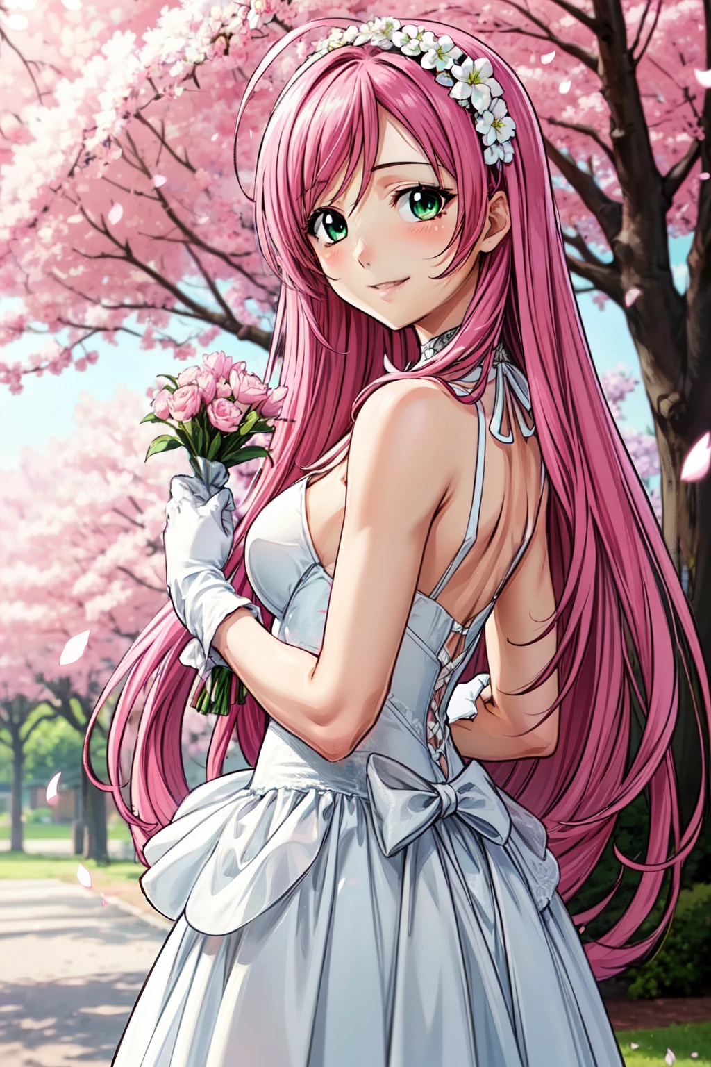 1 girl, 28 years old, Long pink hair, green eyes with slit pupils, small breasts, master-piece, best quality,  proportional body, proportional, Wedding Dresses, White Wedding Dress, Long skirt, wedding, Under the cherry blossom tree background, Cherry blossom petals are falling, outdoor, wedding, Upper body, The sky is beautiful, Both hands hold a bouquet of flowers, white gloves, Make eye contact with the camera, back figure, looking back, (light_Smile:1.5), (Detailed hands and fingers:1.2)