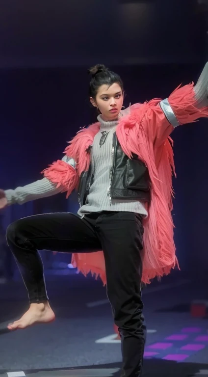 man, black hair in pigtails, white shirt with black jacket covered with pink fur jacket