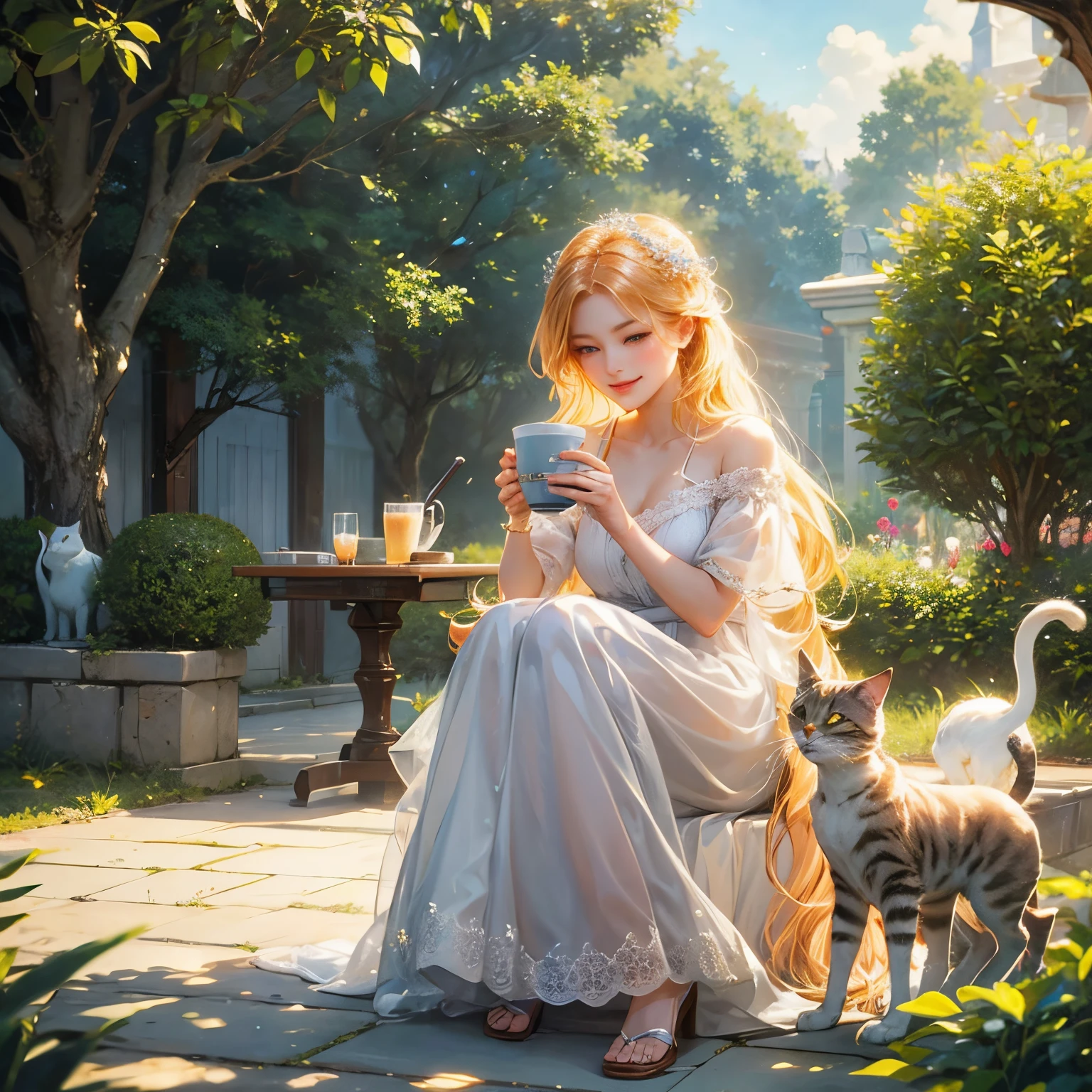 concept-art、❴Beautiful girl drinking coffee with cat❵、beautiful countenance、Gentle smile、Clear skin、Fantasia、accurate depiction、Accurate composition、​masterpiece、4K