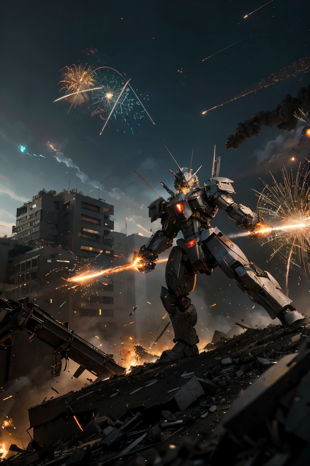 (best quality,4k,highres,masterpiece:1.2),ultra-detailed,realistic,physically-based rendering,professional,extreme detail description,gundam robots belligerently fighting,fierce sword clashes,vivid explosion effects,mechas mid-air combat,bullet trails and laser beams,powerful energy weapons,heavy metallic armor,mechas with distinct color schemes,devastating artillery fire,dystopian futuristic cityscape as backdrop,moonlit night sky,crumbling buildings and debris,ruins of destroyed mechas,mechas charging up special attacks,battlefield engulfed in smoke and dust,high-speed aerial maneuvers,streaks of light illuminating the scene,strategic combat formations,mechas with unique designs,explosive impacts on the ground,shattered glass and sparks flying in the air,epic showdown between rival mecha pilots,dramatic poses and expressions,high-intensity battle atmosphere,battlefield filled with tension and chaos,blazing fire engulfing the surroundings,detailing the mechanical joints and gears,massive destruction caused by the fight,momentary pause amidst the chaos,reflection of explosions on the mecha's polished armor,elevated vantage point capturing the vast battleground,thrilling combat choreography,mecha pilots showcasing their skills and expertise,wide range of weapon types in action，intricate battle tactics.