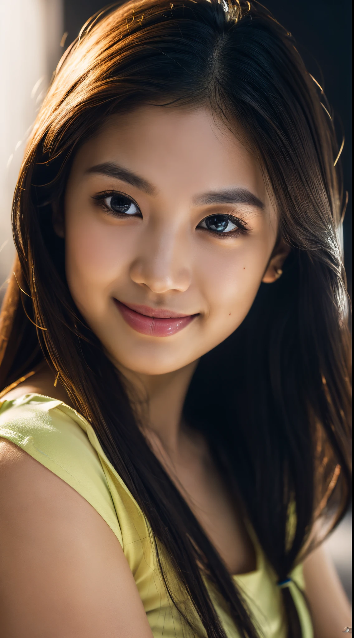 highest quality, epic realistic, ((in the pitch black darkness :1.4)), ((portrait:1.5)),(background: dark ) high contrast ,glorious picture, lowest lux, lighting face, she's comfortable, wearing nothing, , looks incredible, (8k, Raw photo, Highest quality),(epic realistic:1.5), a woman, face,(detailed eyes:0.8),(looking at the camera:1.4), (Highest quality), ( high contrast, deep shadows),Intricate details,cinematic,((skin:1.4)), (long dark hair:1.3), long hair, messy ,(Hdr:1.5),Detailed, colors, Superior quality, Masterpiece, Raw Photo (20-year-old, looking at viewer), beautiful, (wearing plain yellow shirt,), perfect, natural, perfect composition, portrait, perfect face, smiling expression, Captivating eyes, Bright details, Tight lips, (High Skin Detail),, (blue tint: 0.6), (sale: 0.8), (bloody: 0.7), Key lighting , (backlight: 0.5), Medium depth of field, Canon 5d, 50mm lens, f/4 apertures, (Ultra-detailed, Complex detail), sharp focus, soft colors, 8k, Absurd, 80mm, bokeh background, photography, smiling, pinay, filipina, large boobs, neon lights background