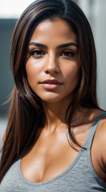 Realistic photography style image of a woman latina, detailed face, muscular body, strong appearance, realistic textured skin, sweaty body, full body, looking at the viewer