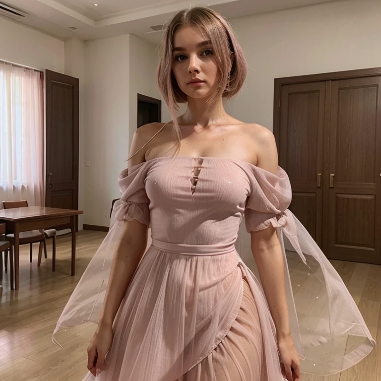 Mulher branca cabelos longos com vestido rosa transparente em uma sala imagem super realista