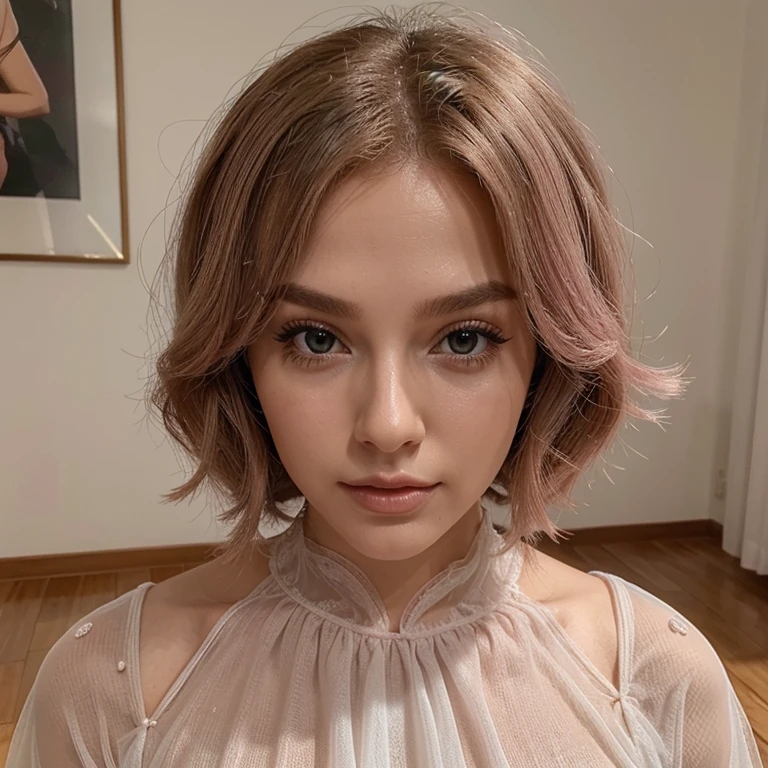 Mulher branca cabelos longos com vestido rosa transparente em uma sala imagem super realista