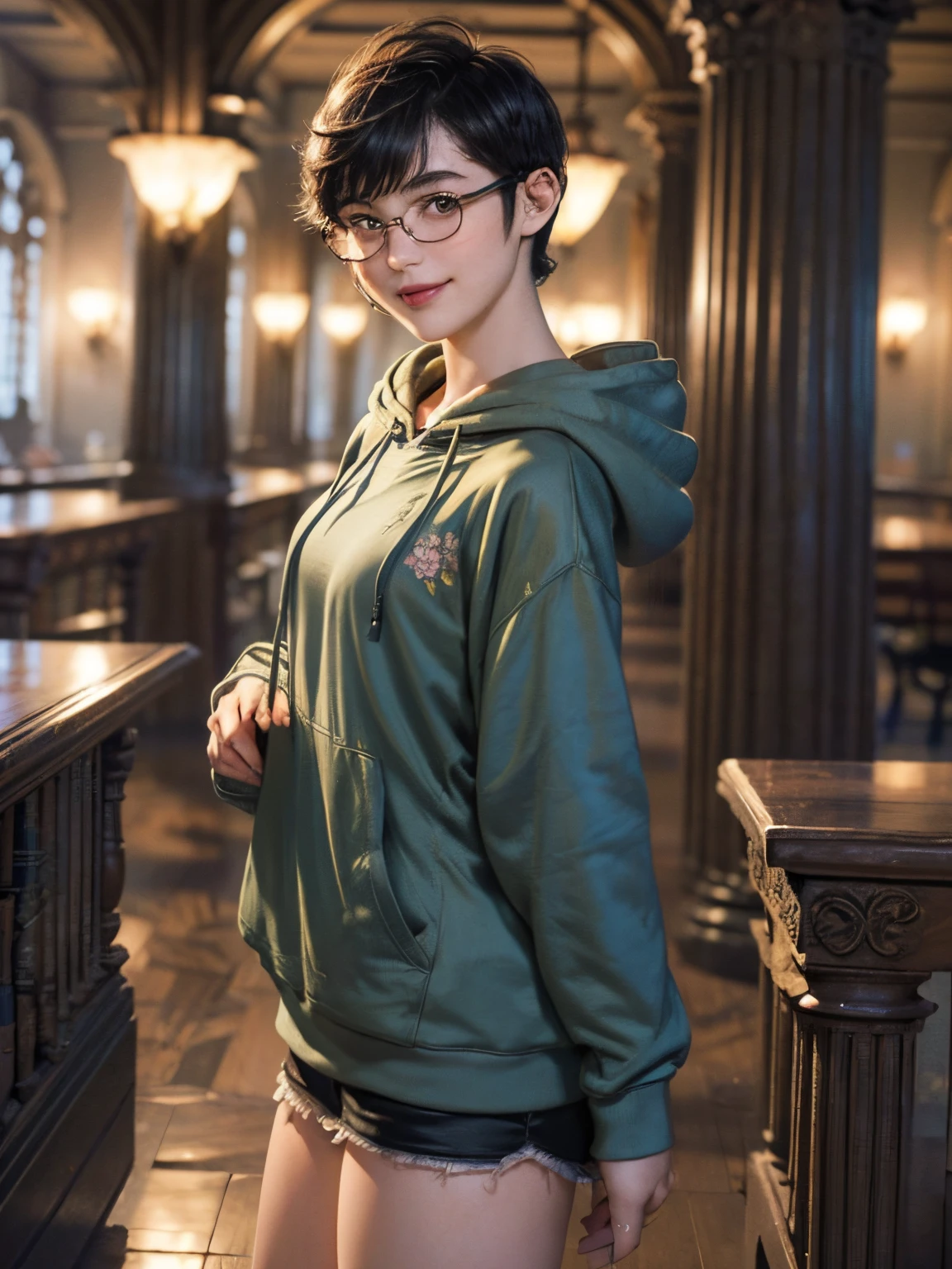 136
(a 20 yo woman,I&#39;m in a dark library), (A hyper-realistic), (high-level image quality), ((beautiful hairstyle 46)), ((short-hair:1.46)), (Gentle smile), (brest:1.46), (lipsticks), (Wearing glasses), (murky,wide,atlibrary), (florals), (wearing hoodies)