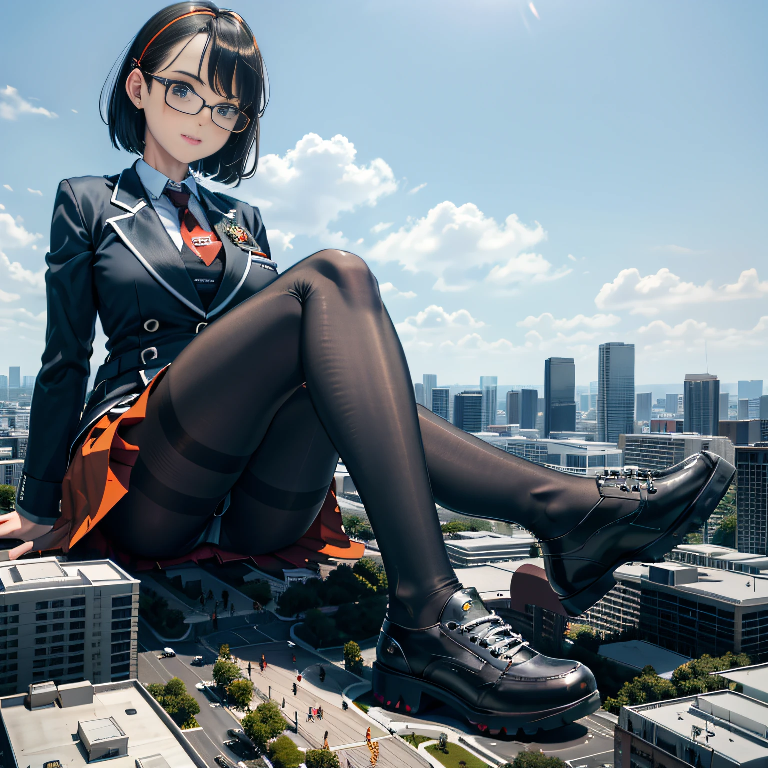 ARCHIAERIALVIEW, giantess art, a hyperrealistic schoolgirl, highly detailed giantess shot, der riese, Shorthair, Black pantyhose, A gigantic high school girl that exceeds a skyscraper, Wearing rimless glasses, Colossal , Navy blue blazer, Red tie, Mini Length Skirt, Black pantyhose, Pantyhose sole, Pantyhose Toe, hands off shoes, very small metropolis, Trying to destroy a miniature metropolis, Full body depiction, nffsw, Giga Giants, der riese, Black pantyhose, Pantyhose legs, Pantyhose sole, Stomping City, crash city, Small town, micro city,
