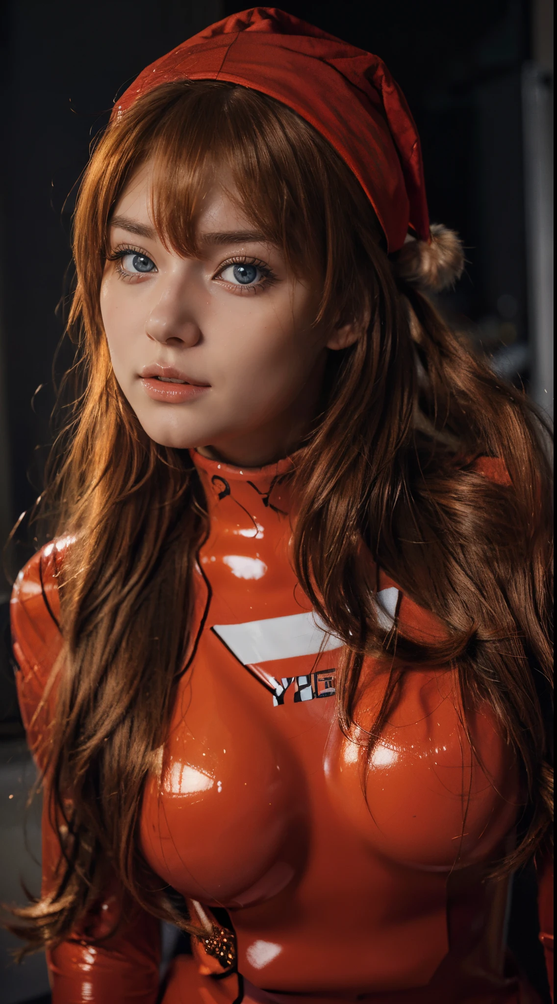 (best quality), (hyper realistic:1.4),high resolution,Asuka Langley Soryu, Beautiful Pretty Mixed German Babe, (Beautiful face), sexy lips, Auburn Twin Tails Hairs, intense gaze, red plugsuit, dark blue detailed beautiful eye,(dynamic pose), combine realism and anime influence, plain faces, santa hat