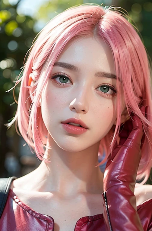 young woman, porcelain skin, long bubblegum pink hair, big pink lips, big emerald green eyes, pink eyebrows, red clothes, Sakura Haruno, 3d, realism, black gloves