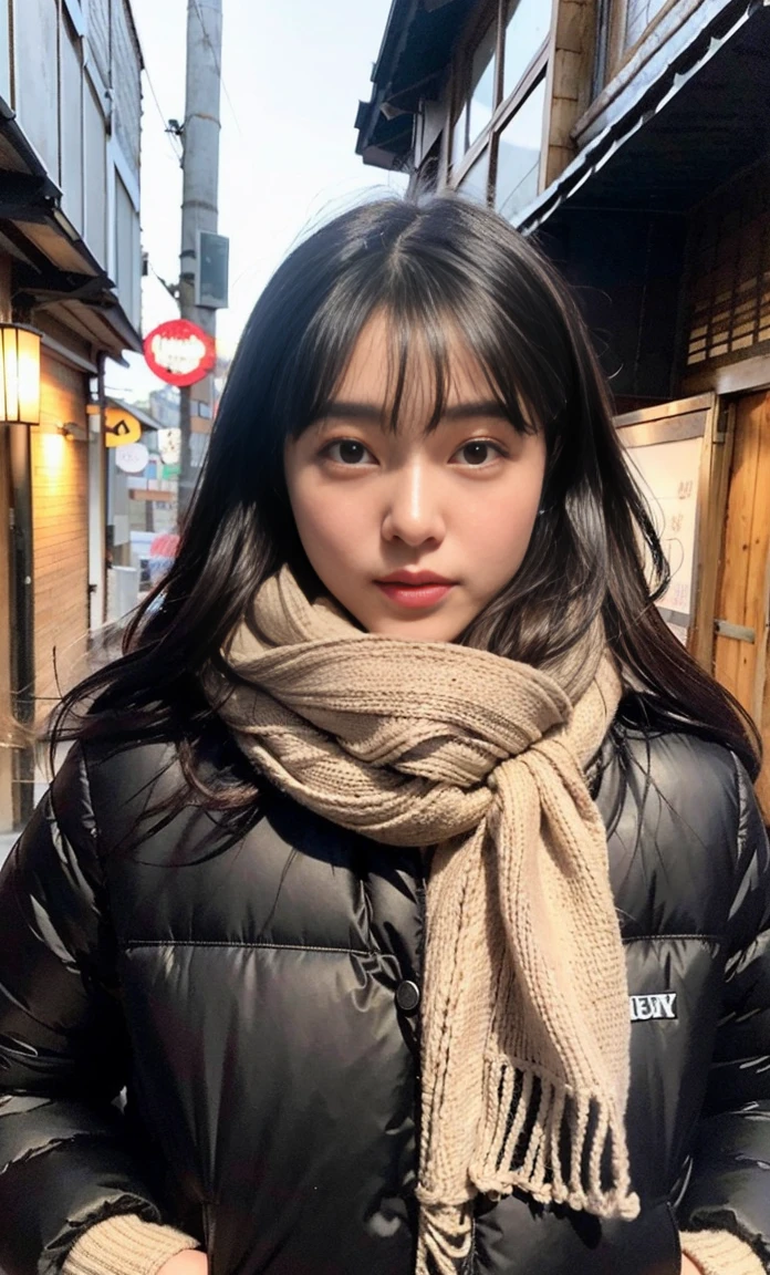 ulzzang -6500-v1.1, (Raw foto:1.2), (Photorealsitic:1.4), a beautiful detailed girl, extremely detailed eye and face, beatiful detailed eyes, Ridiculous, unbelievable Ridiculous, huge filesize, ultra-detailliert, hight resolution, ighly detailed, top-quality, ​masterpiece, Kemomimi, ((bury your face in your scarf)), (((Japan schoolgirl uniform))), ((black puffy down jacket)), illustratio, ighly detailed, nffsw, unification, 8k wallpaper, astonishing, finely detail, ​masterpiece, top-quality, Highly detailed ticker uniform 8K wallpaper, face lights、Cinematographic lighting、1girl in、、(witheout panties)、((FULL BODYSHOT))