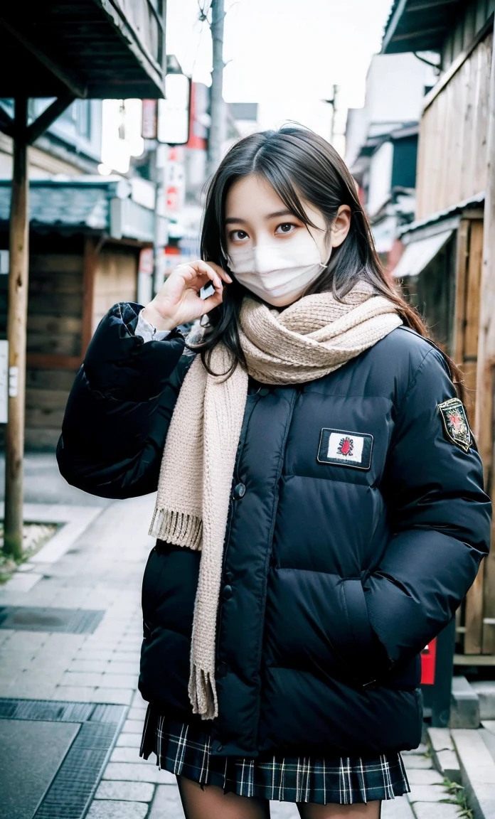 ulzzang -6500-v1.1, (Raw foto:1.2), (Photorealsitic:1.4), a beautiful detailed girl, extremely detailed eye and face, beatiful detailed eyes, Ridiculous, unbelievable Ridiculous, huge filesize, ultra-detailliert, hight resolution, ighly detailed, top-quality, masterpiece, Kemomimi, ((bury your face in your scarf)), (((Japan schoolgirl uniform))), ((black puffy down jacket)), illustratio, ighly detailed, nffsw, unification, 8k wallpaper, astonishing, finely detail, masterpiece, top-quality, Highly detailed ticker uniform 8K wallpaper, face lights、Cinematographic lighting、1girl in、sixteen years old、(witheout panties)、((FULL BODYSHOT))