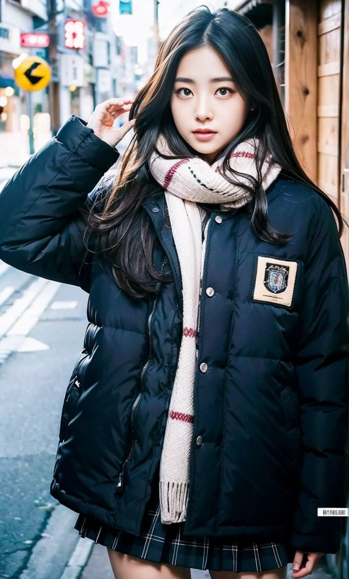 ulzzang -6500-v1.1, (Raw foto:1.2), (Photorealsitic:1.4), a beautiful detailed girl, extremely detailed eye and face, beatiful detailed eyes, Ridiculous, unbelievable Ridiculous, huge filesize, ultra-detailliert, hight resolution, ighly detailed, top-quality, ​masterpiece, Kemomimi, ((bury your face in your scarf)), (((Japan schoolgirl uniform))), ((black puffy down jacket)), illustratio, ighly detailed, nffsw, unification, 8k wallpaper, astonishing, finely detail, ​masterpiece, top-quality, Highly detailed ticker uniform 8K wallpaper, face lights、Cinematographic lighting、1girl in、sixteen years old、(witheout panties)、((FULL BODYSHOT))