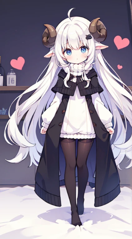(sheep girl:1), (sheep horn:1), 1female, pale-skinned female, kemonomimi, fluffy sweaterdress, white clothing, fluff lining, long white hair, pale blue eyes, heart patterns on clothing, dawn bedroom bg, (((full body)))