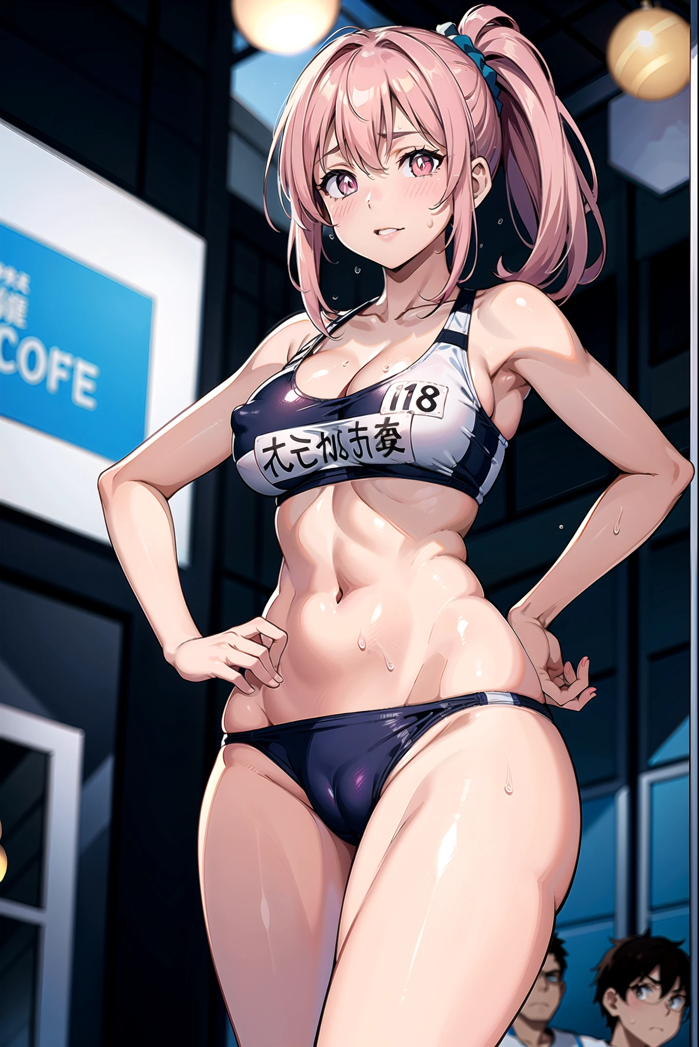 (masutepiece, Best Quality), 8k wallpaper,Illustration, absurderes, Cowboy Shot, (From below:1.3), Shiny skin, (track uniforms, Sportswear, sports bras, sports bikinis:1.3), colourfull,BREAK((5884:1.4),Add bib number)),(Outdoor athletics stadium), BREAK(Looking at Viewer), (1 female), 20yr old, BREAK(light pink hair),(light pink ponytail),(Scrunchie),(pinkeyes),abdominals:0.1, nipples are erect:0.2(blush), nffsw, medium breasts,cleavage,nabel,Sharp Focus, hight resolution, Photography, Realistic, highest details, ighly detailed, ultra-detailliert, finely detail, Eyes and faces with detailed, Detailed pupils, 逼真, (ssmile:0.8), (Bokeh background:1.2),full of sweat:1.1,Camel toe:1.6
