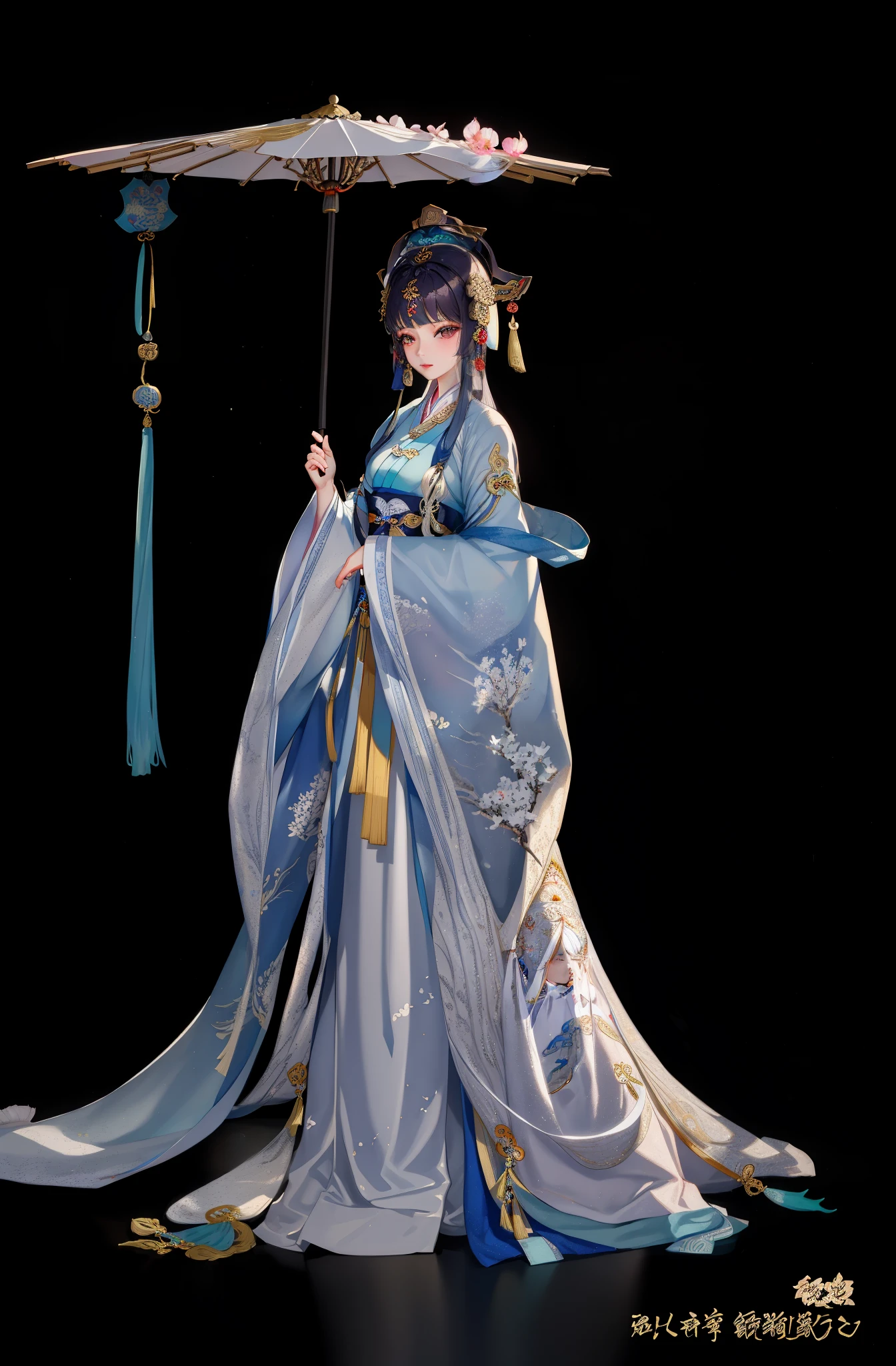 wears a white dreseide woman holding white umbrella, Beautiful rendering of the Tang Dynasty, 宮 , A girl in Hanfu, Inspired by Lanying, Inspired by Qiu Ying, Hanfu, Wearing ancient Chinese clothes, Princesa chinesa antiga, white hanfu, full body xianxia, Inspired by Li Tang, Inspired by Plum Tree