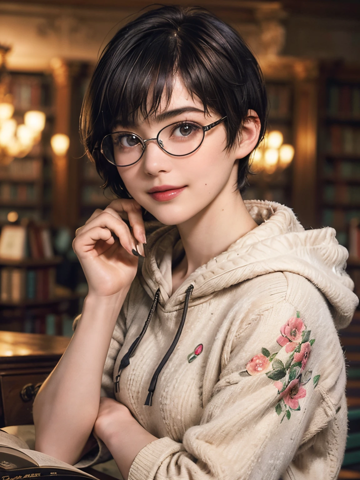 136
(a 20 yo woman,I'm in a dark library), (A hyper-realistic), (high-level image quality), ((beautiful hairstyle 46)), ((short-hair:1.46)), (Gentle smile), (brest:1.46), (lipsticks), (Wearing glasses), (murky,wide,atlibrary), (florals), (wearing hoodies)