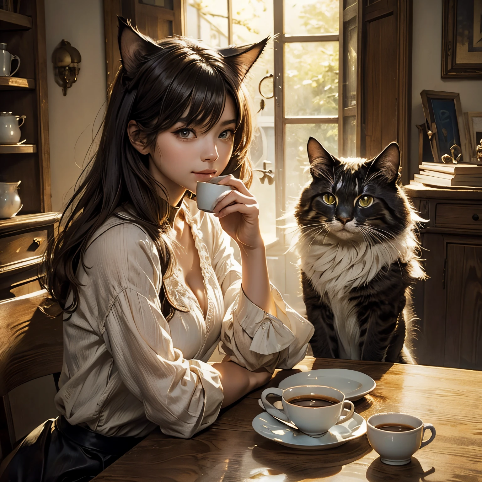 concept-art、❴Beautiful girl drinking coffee with cat❵、beautiful countenance、Gentle smile、Clear skin、Fantasia、accurate depiction、Accurate composition、masterpiece、4K