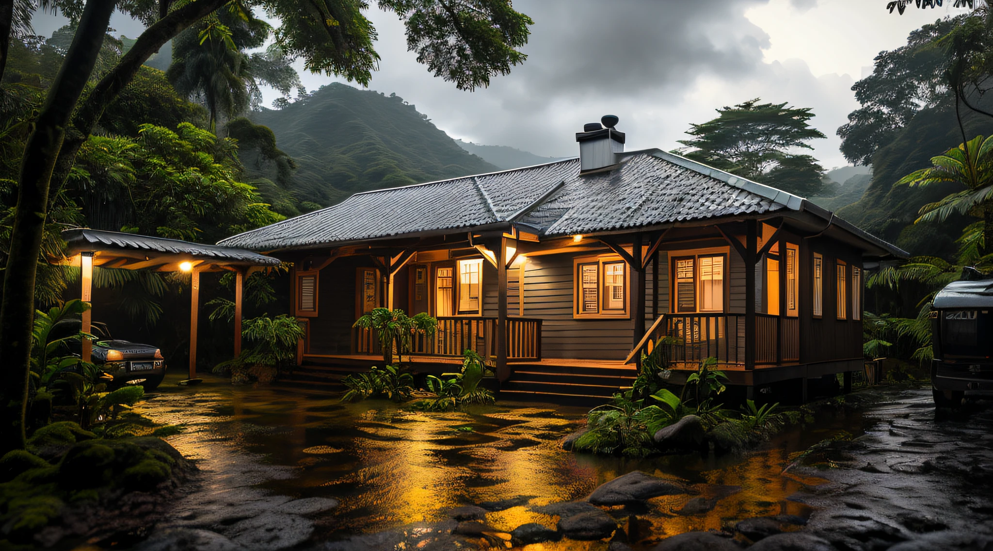 Vintage wooden house, lush small house, beautiful house, night, lights on, Costa Rica green rainforest, Heavy rain falling on the roof, Emphasizing the contrast between the natural environment and the rainwater flowing from the roof, dark scene after the rain, landscape wet, dark clouds, nature photography, Portrait with macro lens (Nikon AF -S VR Mini Nikkor 105mm f/ 2.8G IF) When aperture is f/5.6