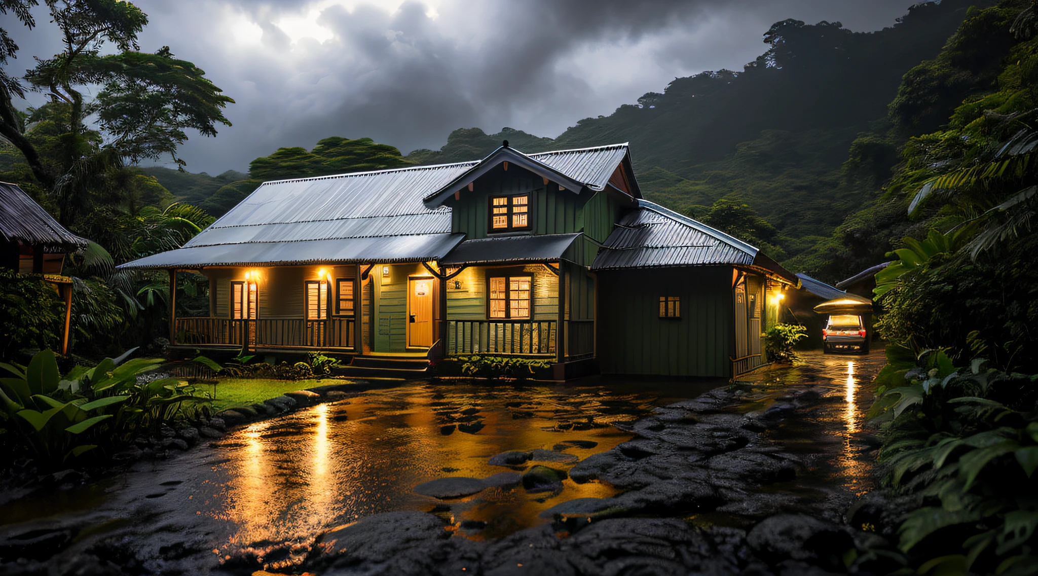 Vintage wooden house, lush small house, beautiful house, night, lights on, Costa Rica green rainforest, Heavy rain falling on the roof, Emphasizing the contrast between the natural environment and the rainwater flowing from the roof, dark scene after the rain, landscape wet, dark clouds, nature photography, Portrait with macro lens (Nikon AF -S VR Mini Nikkor 105mm f/ 2.8G IF) When aperture is f/5.6
