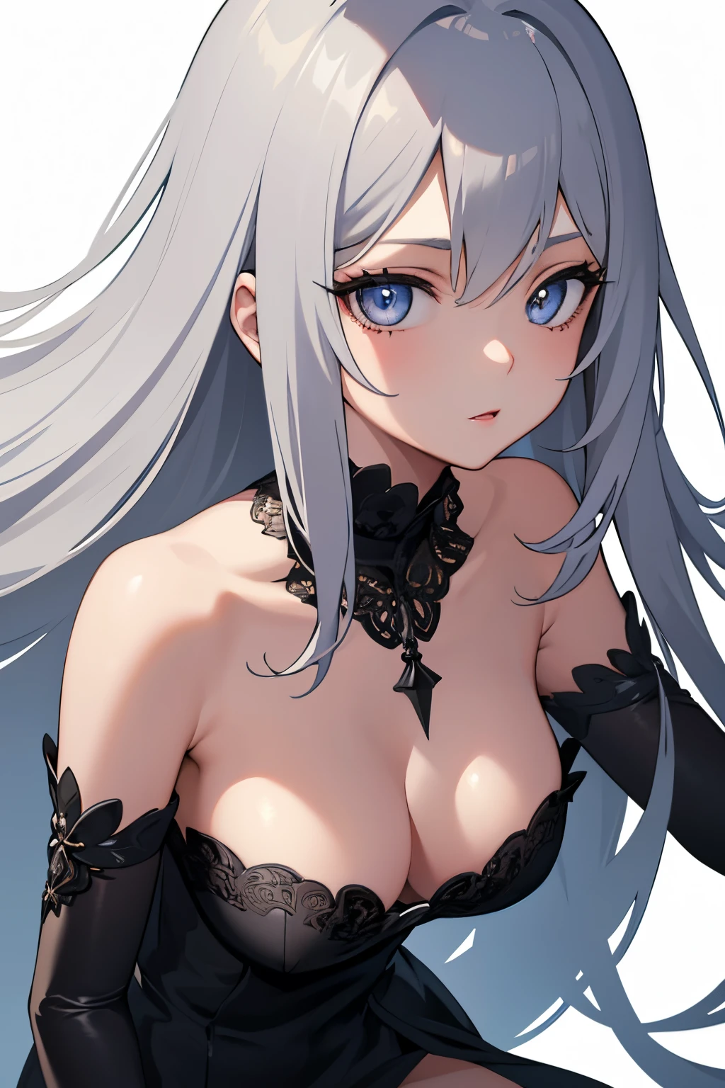 1girl, anime, cute girl, blank background, white background, fantasy, detailed dark fantasy dress with highlights, beautiful face, beautiful eyes, dark colors, silver hair, slightly small breasts, slight cleavage, beautiful skin, cute, breast curtains, extremely delicate and beautiful, (beautiful detailed face:1.0), (detailed deep eyes), symmetrical breasts, deep eyes, shiny skin, portrait, slender waist, hips wider than shoulders, thighs, young girl, expressionless