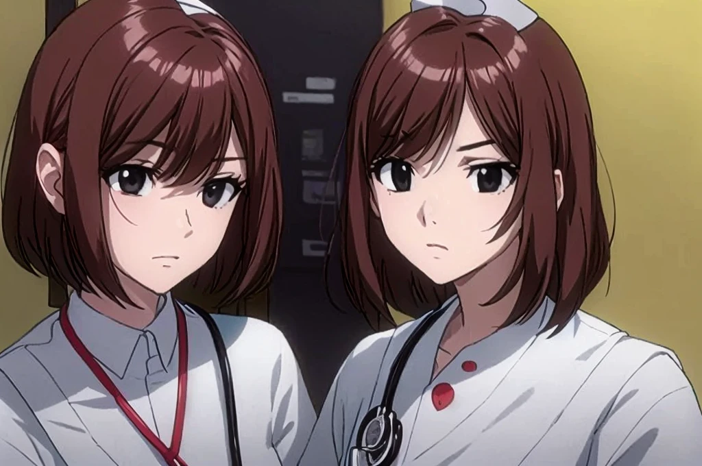 A beautiful woman with a nurse's bob cut hairstyle is glaring at a male doctor with contemptuous eyes。