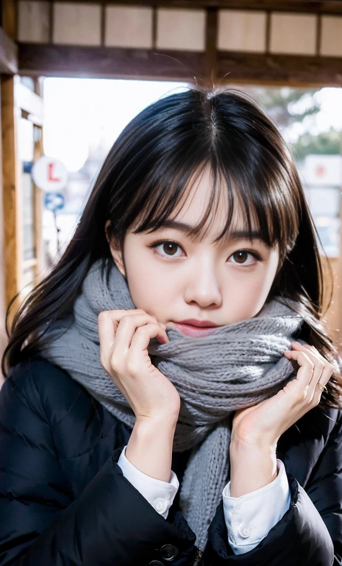 ulzzang -6500-v1.1, (Raw foto:1.2), (Photorealsitic:1.4), a beautiful detailed girl, extremely detailed eye and face, beatiful detailed eyes, Ridiculous, unbelievable Ridiculous, huge filesize, ultra-detailliert, hight resolution, ighly detailed, top-quality, ​masterpiece, Kemomimi, ((bury your face in your scarf)), (((Japan schoolgirl uniform))), ((black puffy down jacket)), illustratio, ighly detailed, nffsw, unification, 8k wallpaper, astonishing, finely detail, ​masterpiece, top-quality, Highly detailed ticker uniform 8K wallpaper, face lights、Cinematographic lighting、five girls、sixteen years old、((FULL BODYSHOT))