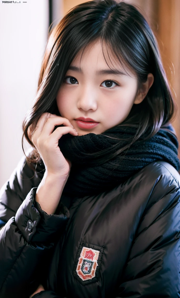ulzzang -6500-v1.1, (Raw foto:1.2), (Photorealsitic:1.4), a beautiful detailed girl, extremely detailed eye and face, beatiful detailed eyes, Ridiculous, unbelievable Ridiculous, huge filesize, ultra-detailliert, hight resolution, ighly detailed, top-quality, masterpiece, Kemomimi, ((bury your face in your scarf)), (((Japan schoolgirl uniform))), ((black puffy down jacket)), illustratio, ighly detailed, nffsw, unification, 8k wallpaper, astonishing, finely detail, masterpiece, top-quality, Highly detailed ticker uniform 8K wallpaper, face lights、Cinematographic lighting、five girls、、((FULL BODYSHOT))