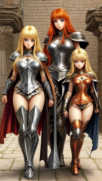 three sisters, beautiful, detailed face , blondes, tall, redhead, curvys, sexy, using armor with cape, style roman empire, queens blade