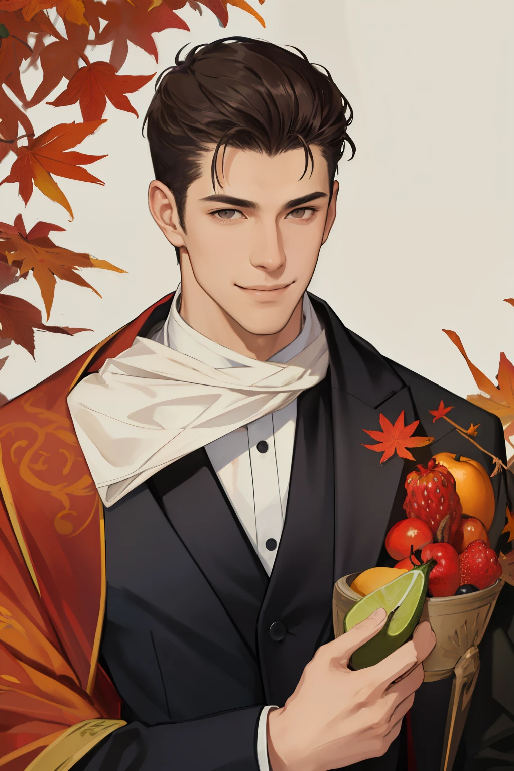 masterpiece, best quality, realistic, 1man, male focus, tall muscular, handsome, smile, closed mouth, suit, portrait, extremely detailed face, autumn,fruits
