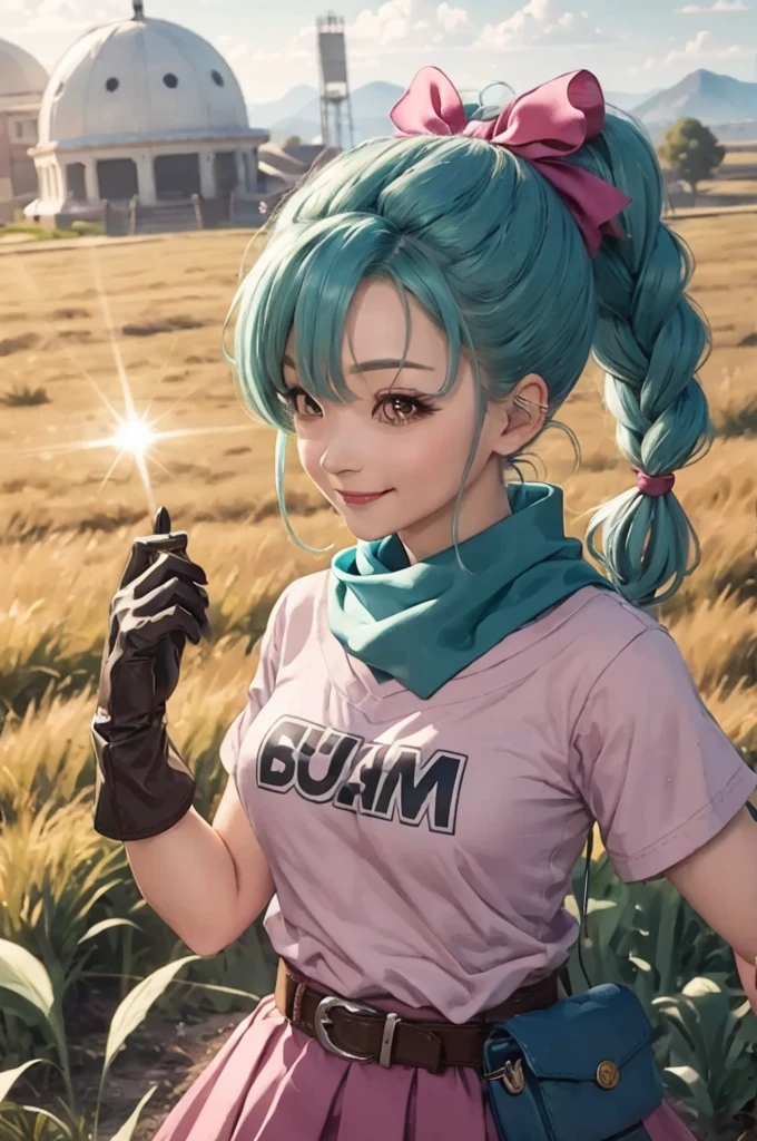 masterpiece, best quality, highres, dragon ball, blmpony, aqua hair, hair ribbon, braided ponytail, pink shirt, belt, scarf, pink skirt, clothes writing, brown gloves, medium breasts, outdoors, cowboy shot, waving, smile