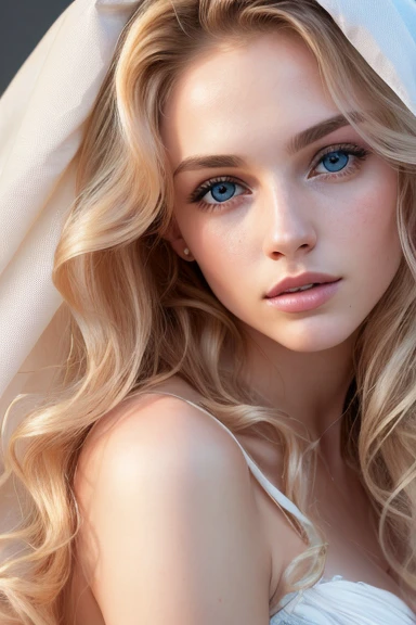 Photo of a 20-year-old European girl, raw, Beautiful woman, (Extra long wavy blonde hair), ((Portrait)), ((Detailed face:1.2)), ((detailed facial featureinely detailed skin), pale skin, , wrapped in a sheet, Bedroom environment, Lying on the bed, (cold color), moist, moist, Reflectorasutepiece) (perfectly proportions)(photos realistic)(Best Quality) (Detailed) photographed in a Canon EOS R5, 50mm Lens, F/2.8, nffsw, (8K) (Wallpaper) (Cinematic lighting) (Dramatic Lighting) (foco nítido) (Convoluted) Fashion, From above