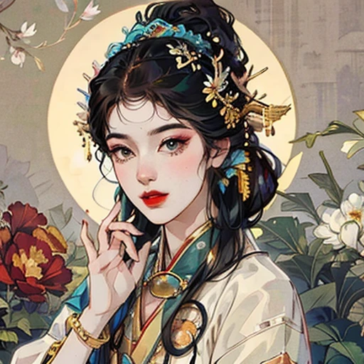 A young girl wearing vibrant and colorful traditional costumes from different dynasties or regions of China。This dress could use delicate embroidery、Decorated with intricate patterns and traditional symbols。She wears elegant hair accessories,Such as traditional hair clips or hair combs,Decorated with pearls、jade or intricate patterns。Her makeup highlights natural beauty,rosey cheeks,subtly defined brows,and a little red lipstick。The point is to highlight her features,rather than being overly dramatic。girl standing or sitting elegantly,Exudes dignity and elegance。She can put her hands gently in front of her,You can also hold props such as a decorative fan or a hand-held flower basket.。Wear meaningful accessories,jade bracelet、Red string bracelet or tassel necklace。