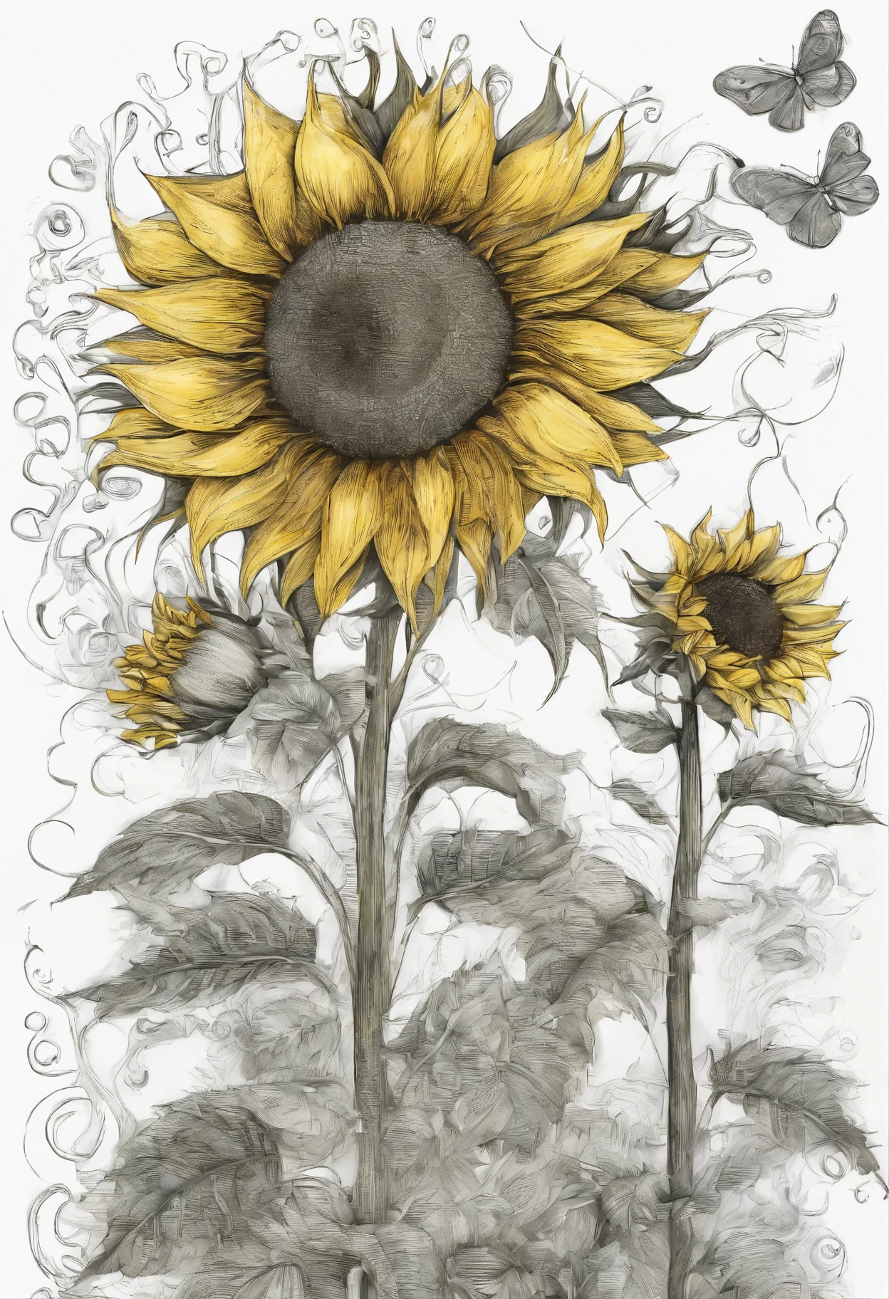 A field of vibrant sunflowers stretching as far as the eye can see, basking in the warm sunlight. Picture tall, sturdy stalks reaching towards the sky, adorned with large, golden-yellow petals that radiate a cheerful and inviting energy. Each sunflower’s face follows the path of the sun, as if in a graceful dance, capturing its radiant rays throughout the day. The bright yellow petals contrast beautifully with the deep green leaves, creating a striking visual display. Bees and butterflies flutter from flower to flower, drawn to the sweet nectar and adding a touch of lively movement to the scene. The gentle breeze carries the delicate scent of the sunflowers, filling the air with a subtle, pleasant fragrance. It’s a peaceful and enchanting sight, evoking feelings of warmth, happiness, and the beauty of nature.