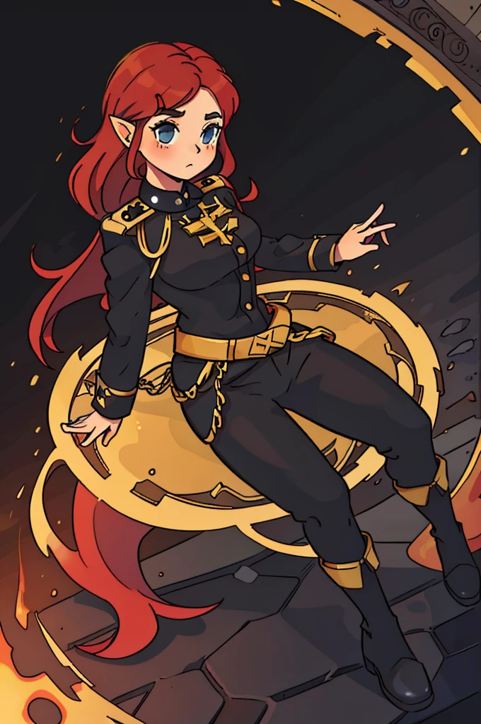 girl, long red hair, captain, black uniform, full body, black pants, gold rank insignia, long black boots