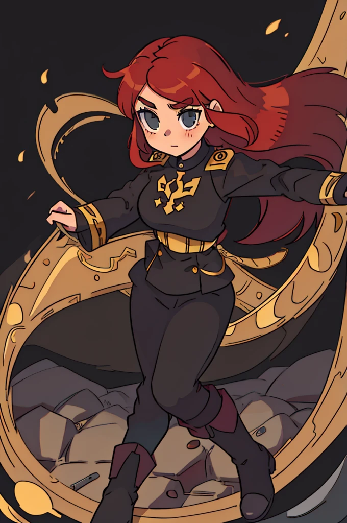 girl, long red hair, captain, black uniform, full body, black pants, gold rank insignia, long black boots