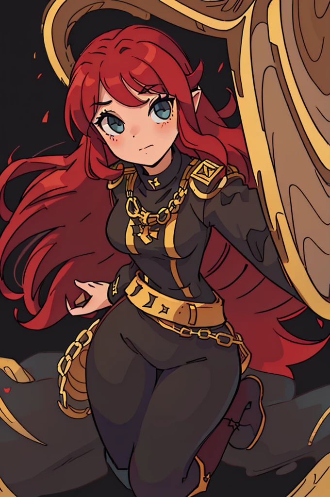 girl, long red hair, captain, black uniform, full body, black pants, gold rank insignia, long black boots