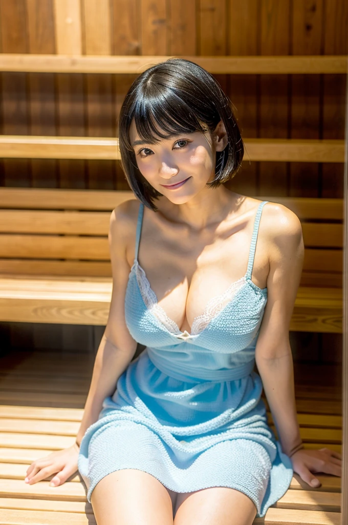 (1 Female solo):1.5, (sauna:1.3), (fullllbody:1.3), (Sauna Hut), (top-quality, Photorealsitic:1.4, masutepiece:1.3, Raw photography:1.2, cinematric light),Alafed Girl, chiho, iwakura lain, closeup Iwakura Lain, With short hair, Shiori Teshirogi, Kotegawa Yui, hime-cut, She is , sui ishida with black hair, lain iwakura, girl cute-fine-face, Clear pubic contours,(Small breasts) (Very meticulously drawn face, Super Beautiful Maid, Super delicate eyes, Ultra-detailed nooze, Ultra detailed mouth, Ultra-detailed facial features, ultra detailed body, Detailed hips, detailed thigh), (tiny chest:1.3), from the front side, Show cleavage, (Very detailed towel fabric long dress:1.3, Strapless), (Sweating a lot), (Sitting on a wooden bench), Slouching, Smile:0.8, light and shadows