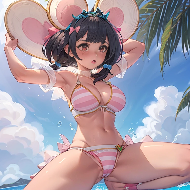1 girl,Lori,Petite,huge-breasted,pointed breast,cleavage,underboob,sideboob barbosa,(blush),((embarrassed)),Wet,spreading arms,Open legs,(((Clothes lift))),(see through),(((white))),(((white and pink horizontal striped bikini swimsuit))),Erect nipples