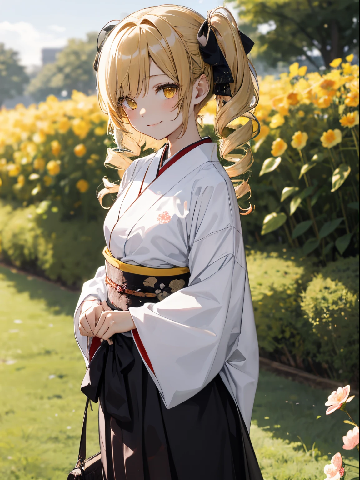ultra-detailliert, hight resolution,​masterpiece、top-quality、Mami Tomoe、ighly detailed,Three-dimensional feeling、front-facing view, One side up, Mamitomoe, Mami Tomoe, blondehair, Drill Hair, twin drills, (Yellow eyes:1.3)a closed mouth, bow ribbon, Long hair,arms on both sides、Taisho period in Japan、White color kimono、outside of hakama、a park、realisitic,1girl in、Beautiful flowers々Park in full bloom、absolute reference to center、A smile、standing on the grass、absolute reference to center