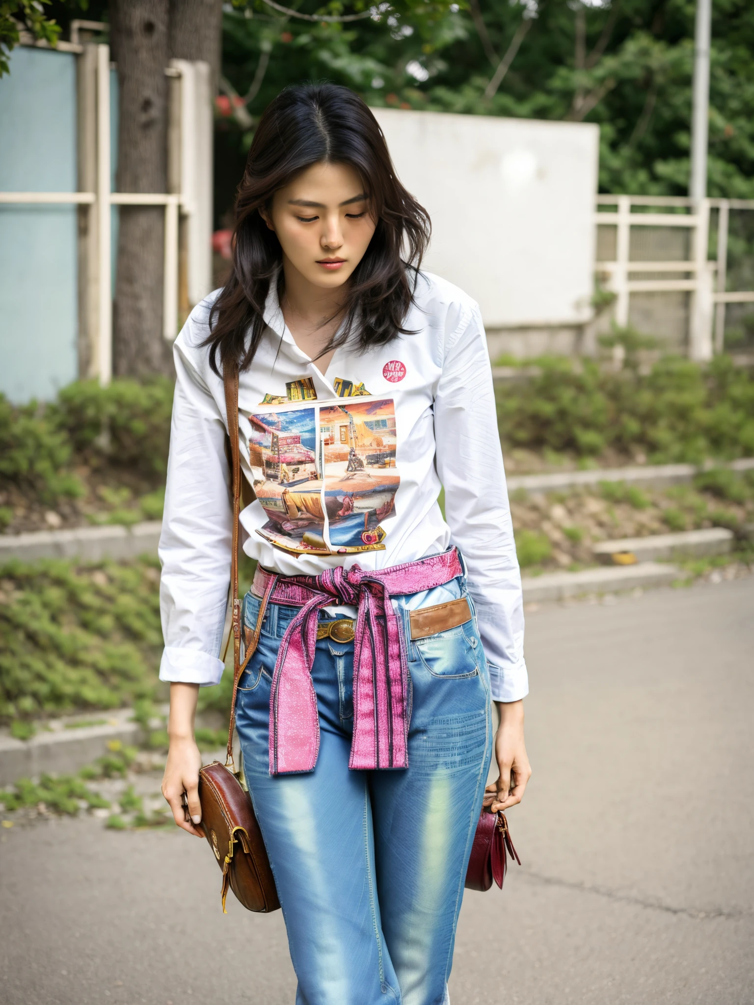 There is a woman standing on a skateboard, kawaii shirt and jeans, ( ( ( Wearing jeans ) ) ), Kazue Kato, maya takamura, rena nounen style 3/4, tsubasa nakai's style, harumi, Kasumi Arimura Style 3/4, casual clothing style, Erika Ikuta, Aya Takano、(masutepiece, Photorealistic), (F/1.2, CANON５D) raw, Portrait of attractive Japanese supermodel girl, Full view, fashionable and creative、wearing a fashionable white shirt, Standing on the street in a very famous pose, Photo shoot and modeling pose, Modeling Pose, Highly detailed and symmetrical face, Detailed lips, Belt bag, Detailed eyes, Perfect legs, accurate fingers, wonderfully creative poses, realphoto, Yuko Araki, Miho Nakayama,  Kodak, Old movie colors, Super detailed details, slow shutter speed, Stretch lights and movement, Bokeh,