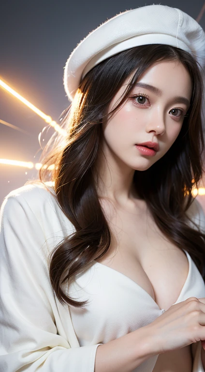 (tmasterpiece,quality,best qualityer,offcial art,Beauty and aesthetics:1.2),(1girll),extremy detailed,(s fractal art:1.3),rich colourful,highest details,s the perfect face,The upper part of the body,HDR,(DOA:1.3),(white cloak golden lines:1.2),beret,galaxias,(light stre),striking visual effects,(dynamic streaks,Luminous trajectory:1.2),vivd colour,