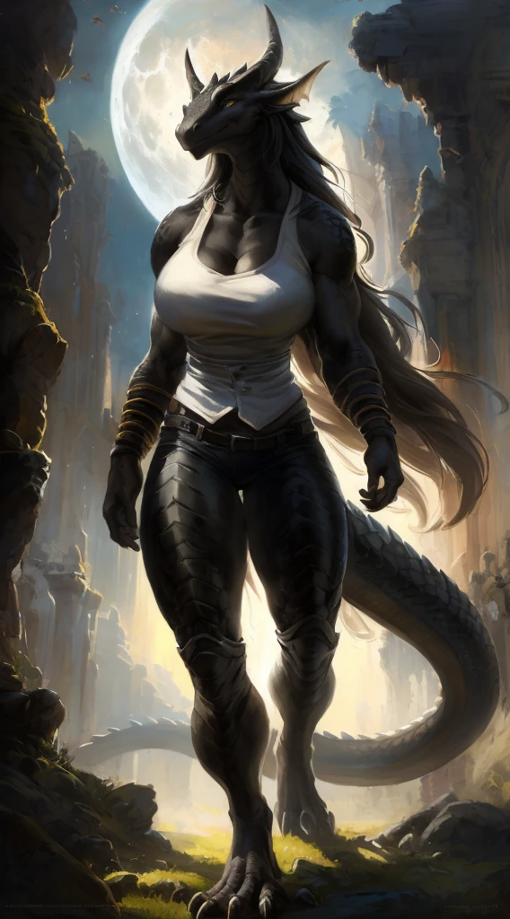 Dragon girl, big chest, day, sexy, sensual, detailed, uploaded to e621, beautiful and detailed portrait of an powerful anthropomorphic dragon ((female))) kenket, ross tran, ruan jia, uploaded to e621, zaush, foxovh, scalie, silver scalie, movie lighting, standing, moon lights, open legs, long hair, muscular, large breats, epic realism, Black skin, White suit, Large neckline, scales