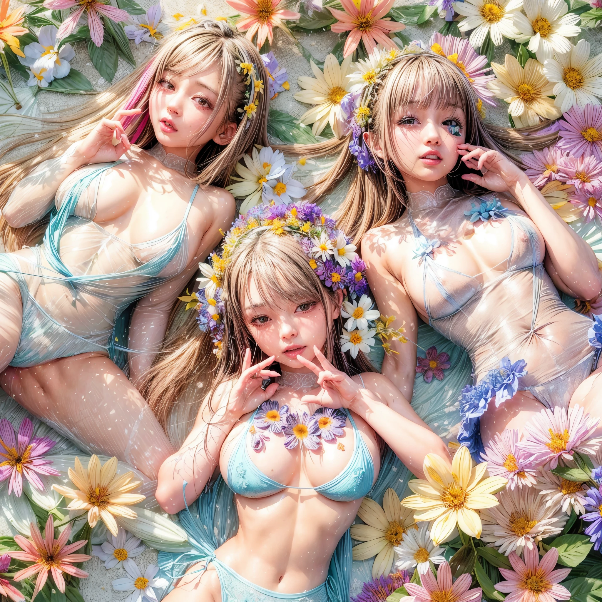 (((4 KAWAII girls laying in a colorful flower space, full of flowers))), ((SFW)), (Acutance), (Exposed:1.2), (Nipple:-0.9), (Face variations), { Sailor collar Uniform | Delicate white lace knitted wear | Delicate bikini made of flowers }, { Swaguchi Aika | Navel | pretty Ass | Overflowing sideboob | laying back }, { laughing | evil smile | :D }, ( oiled glistening skin), (fullbody:1.2), various color hair, {short bob|bung hair|low twin tail hair}, various boobs including flat chest, dynamic angle,  {White| Red | gold | vivid colors }, (best quality), (masterpiece:1.2), extremely detailed, (RAW Photograph:1.37), an extremely delicate and beautiful, (( covering whole body with (many many flowers:1.37))), ( no extra limbs ) .