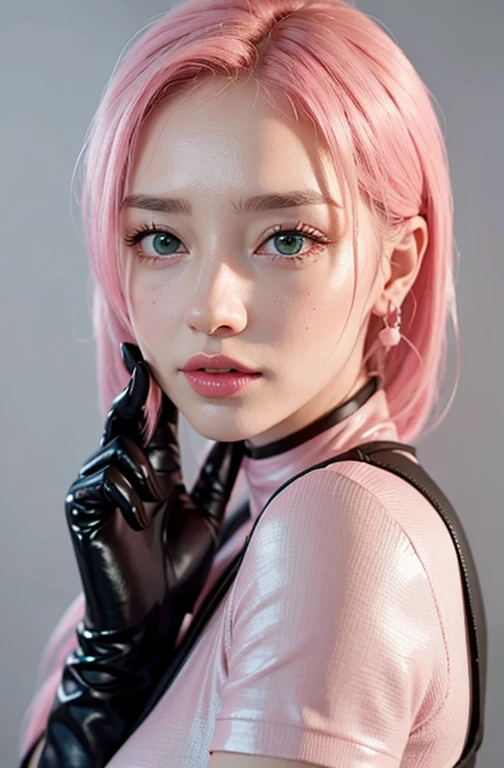 young woman, porcelain skin, long bubblegum pink hair, big pink lips, big emerald green eyes, pink eyebrows, red clothes, Sakura Haruno, 3d, realism, black gloves