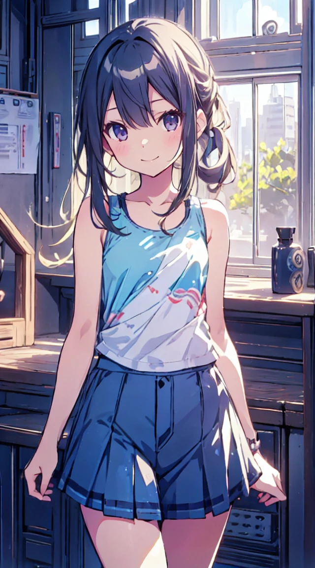 masutepiece, Best Quality,Illustration, Wallpaper, ultra -detail, 1little girl、♡、Futomo、Poses in motion、soft smiling、Summer scenery、Tank tops、a miniskirt