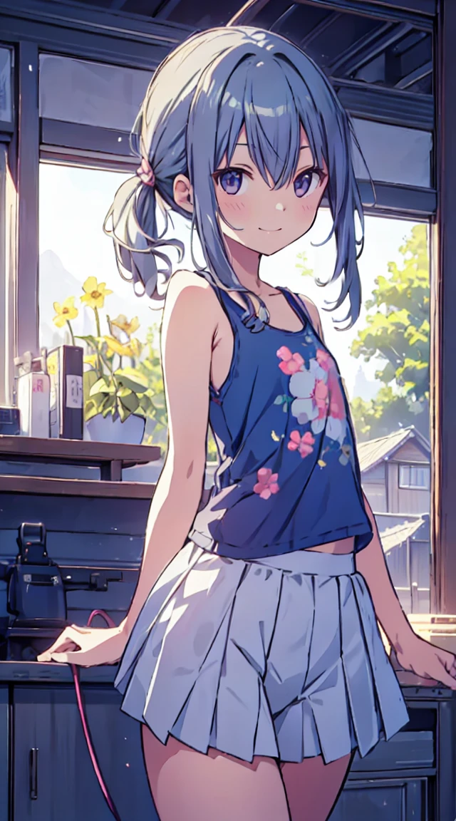 masutepiece, Best Quality,Illustration, Wallpaper, ultra -detail, 1little girl、♡、Futomo、Poses in motion、soft smiling、Summer scenery、Tank tops、a miniskirt