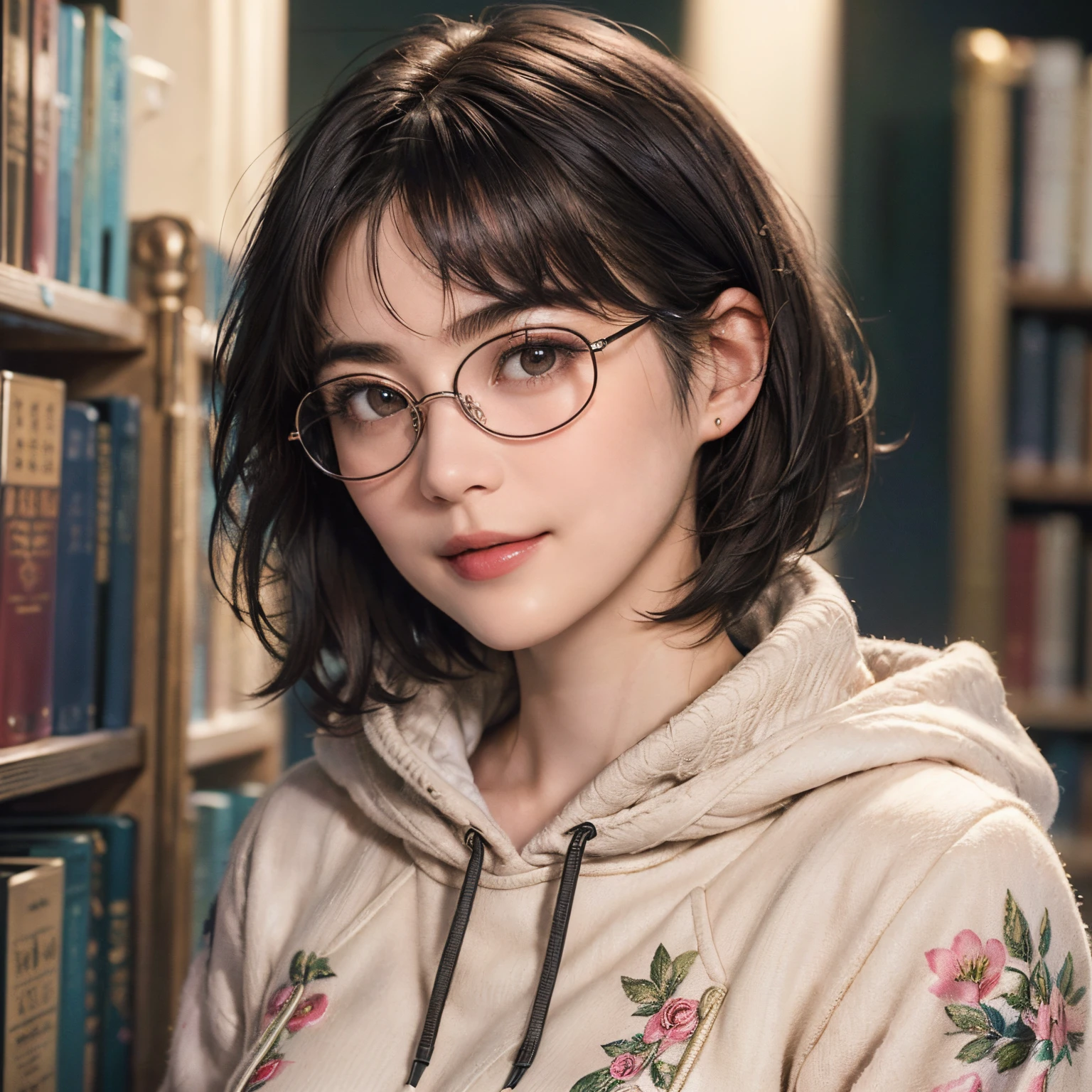 136
(a 20 yo woman,i'I'm in a dark library), (A hyper-realistic), (high-level image quality), ((beautiful hairstyle 46)), ((short-hair:1.46)), (Gentle smile), (breasted:1.46), (lipsticks), (wears glasses,wide,atlibrary), (florals), (wearing hoodies)