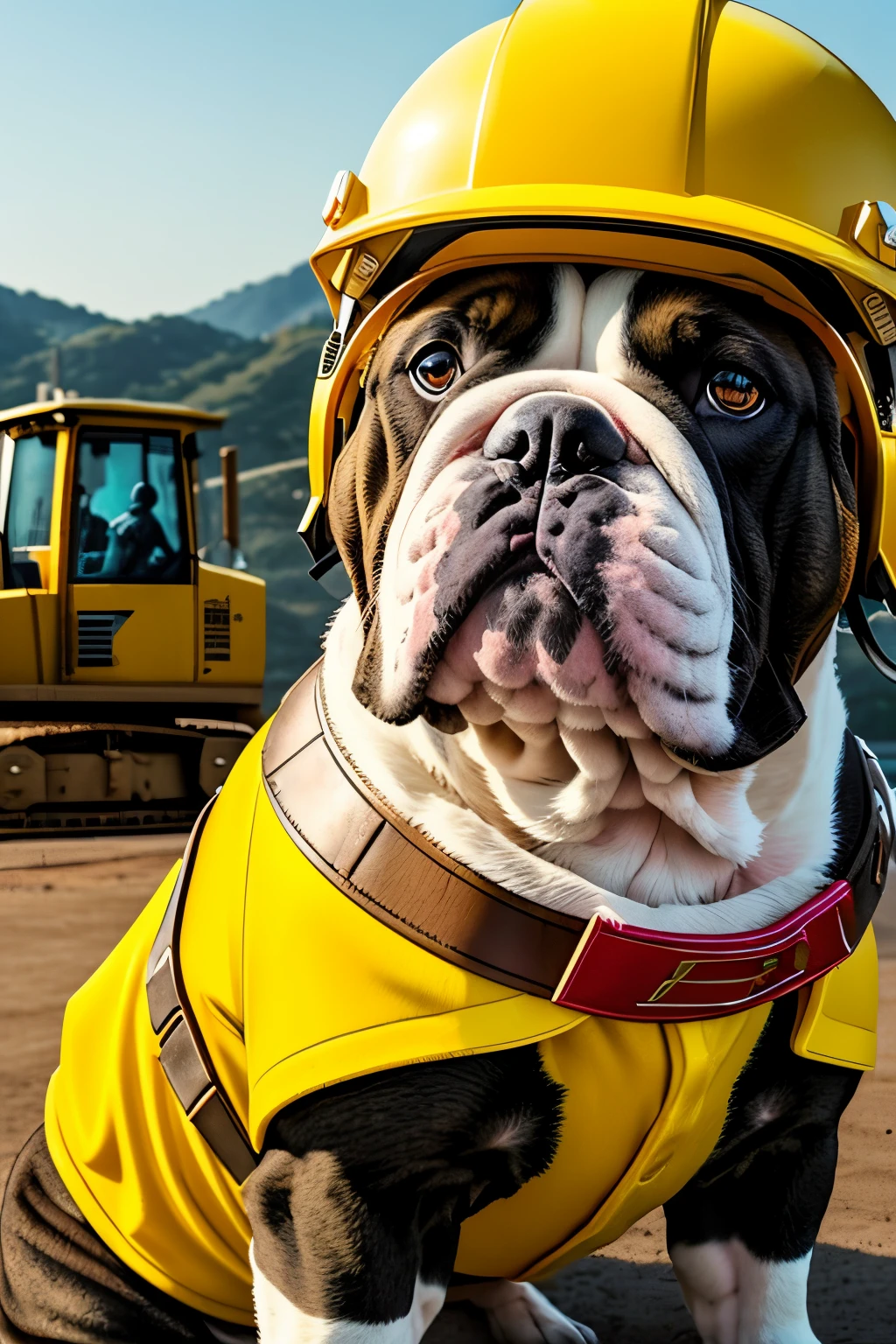 dog bulldog、(cap、helmets、four corners、amarelo)、wearing a yellow vest、Bulldozer in the background