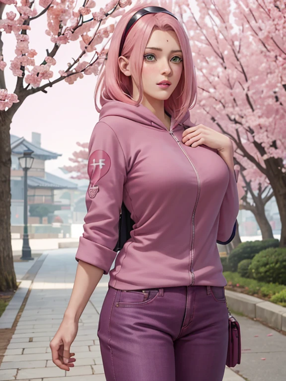 masterpiece, absurdres, sakura\(boruto\), 1girl, solo,mature female, purple hoodie,layered sleeves, brown pants, looking at viewelling petals), perfect composition, detailed lips, big breast, beautiful face, body propotion, blush, (pink lips), long hair, green eyes, soft gaze, super realistic, detailed, photoshoot, realistic face and body