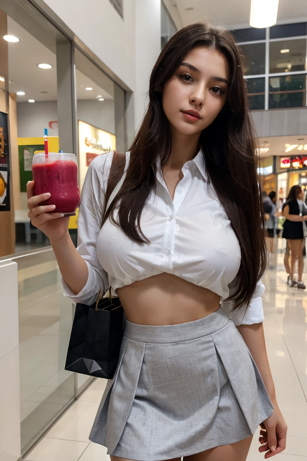 masterpiece, best quality, young caucassian woman, 24 years old, long dark hair, slim body, huge breasts, sfw, drinking smoothie, school uniform, white shirt, grey skirt, shopping mall, blurred background